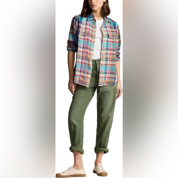 POLO  RALPH  LAUREN~ Plaid Linen Button-Up Shirt~ PETITE M - Picture 7 of 12